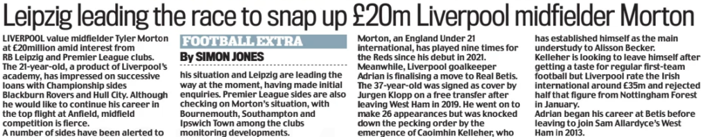Daily Mail, Liverpool, RB Leipzig, Tyler Morton