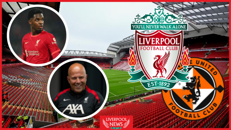 Billy Koumetio, Arne Slot, Liverpool badge, Dundee United badge