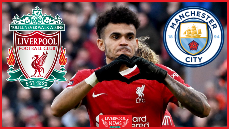 Luis Diaz, Liverpool badge, Manchester City badge