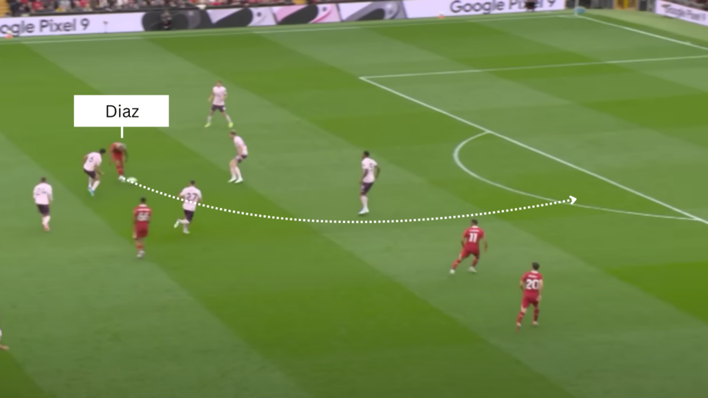 Luis Diaz assisting Mohammed Salah for Liverpool v Brentford