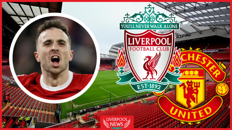 Diogo Jota, Liverpool badge, Manchester United badge