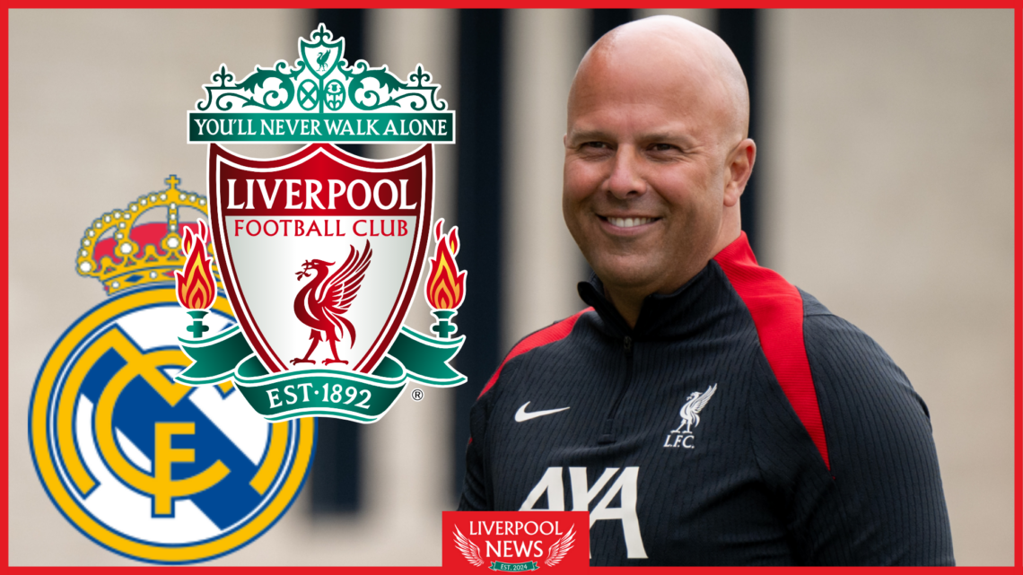 Arne Slot, Liverpool badge, Real Madrid badge