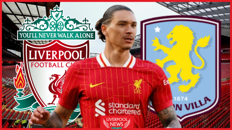 Darwin Nunez, Liverpool badge, Aston Villa badge