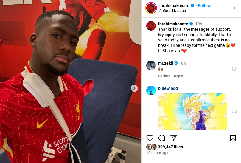 Liverpool defender Ibrahima Konate on Instagram