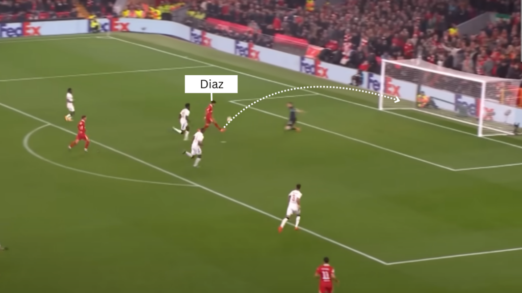 Liverpool forward Luis Diaz v Bayer Leverkusen