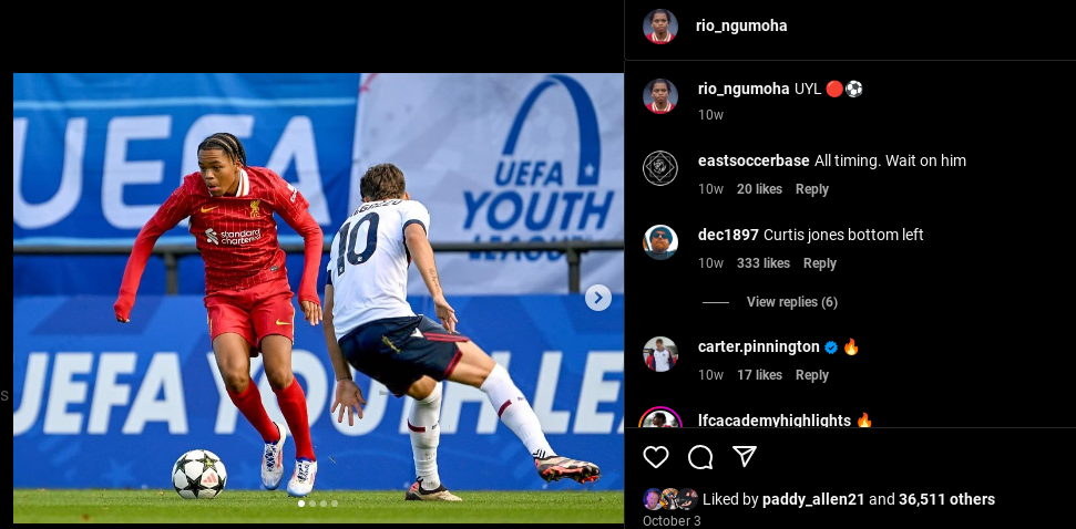 Liverpool Rio Ngumoha on Instagram