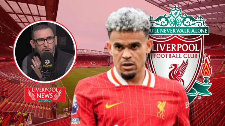 Luis Diaz, Martin Keown in inset, Liverpool badge
