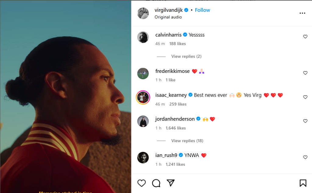 Ian Rush, Jordan Henderson and Calvin Harris react to Virgil van Dijk's Instagram post.