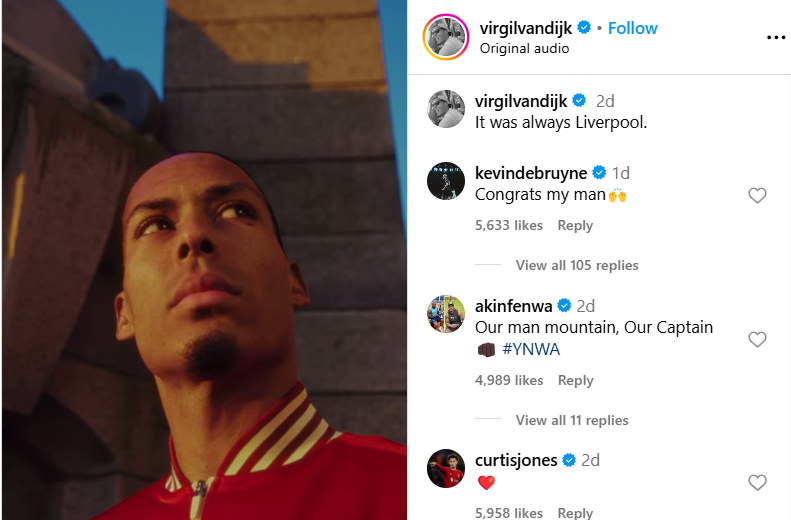 Kevin De Bruyne, Adebayo Akinfenwa and Curtis Jones react to Virgil van Dijk's Instagram post.