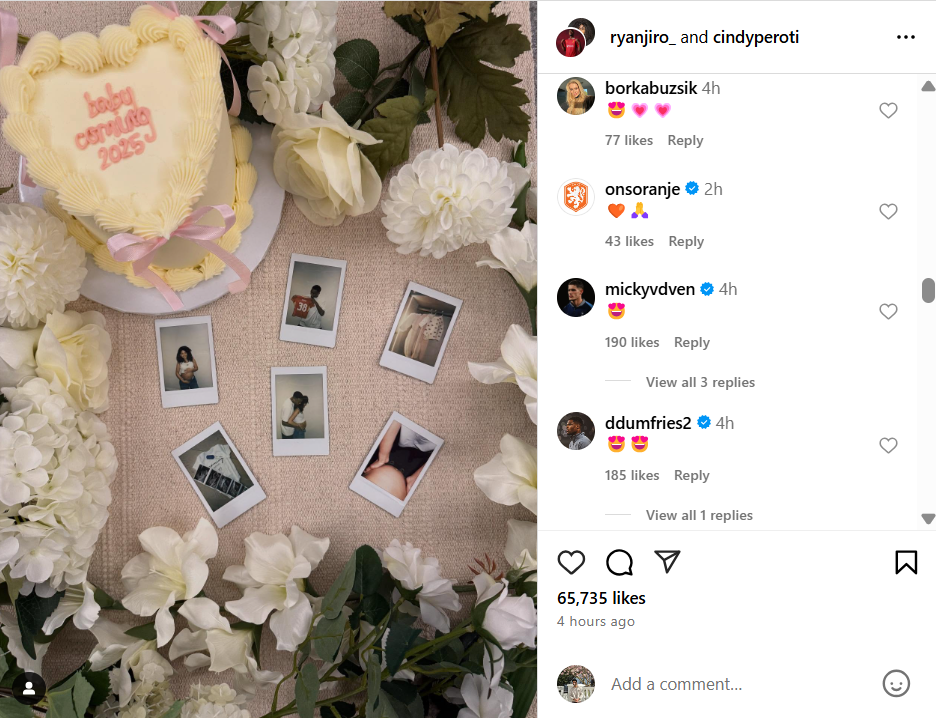 Mathys Tel reacts to Ryan Gravenberch's latest post on Instagram, 2 May 2025