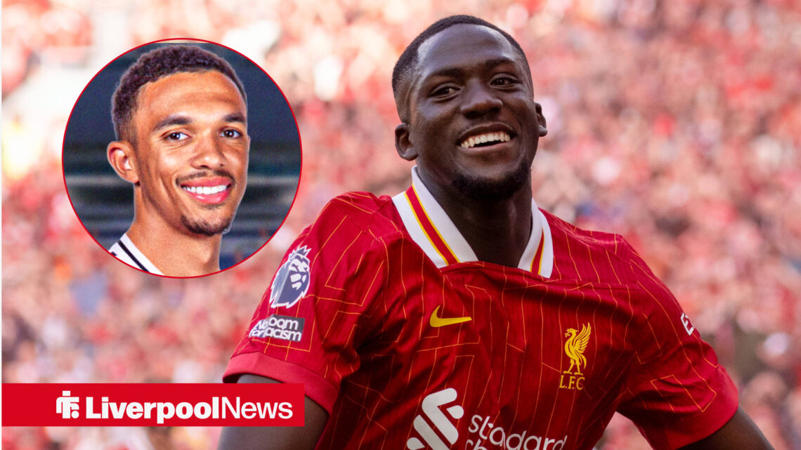 Liverpool star Ibrahima Konate react to Trent Alexander-Arnold.