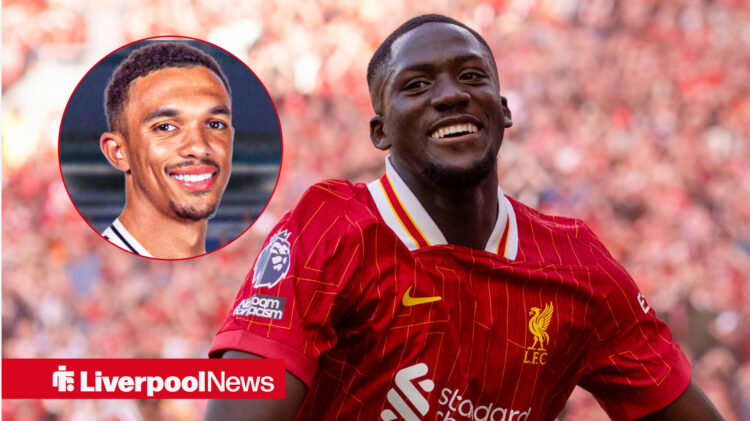 Liverpool star Ibrahima Konate react to Trent Alexander-Arnold.