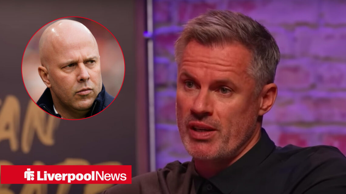 An image of Jamie Carragher and Arne Slot in a circular inert