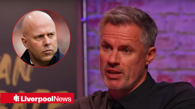An image of Jamie Carragher and Arne Slot in a circular inert