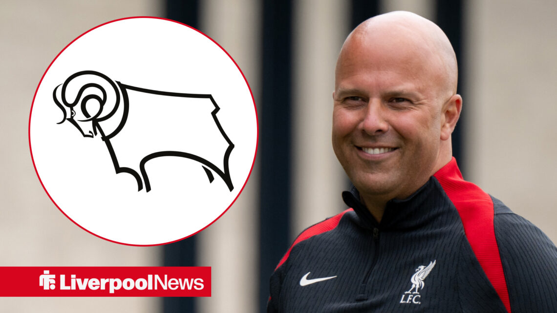 Liverpool manager Arne Slot and the Derby County badge