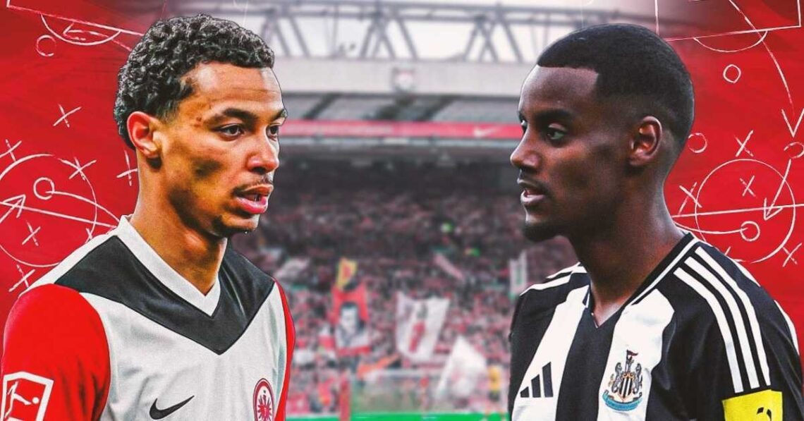 An image showing Hugo Ekitike and Alexander Isak at Anfield stadium.