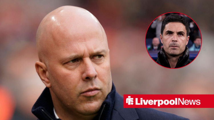 Liverpool manager Arne Slot, Arsenal manager Mikel Arteta in a circular inset.