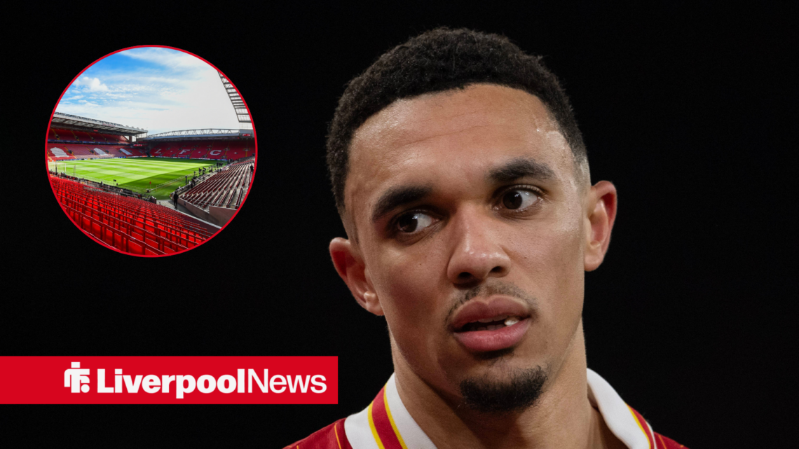Real Madrid defender Trent Alexander-Arnold with Liverpool stadium Anfield insert