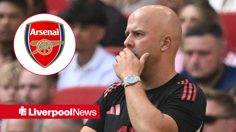 Liverpool boss Arne Slot looking towards an Arsenal badge