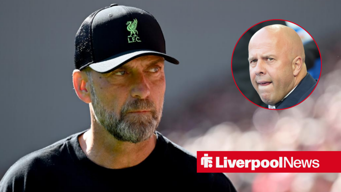 Jurgen Klopp looking towards a nervous looking Arne Slot in a circle inset
