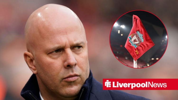 Arne Slot looking at a circular inset of the Liverpool badge on a corner flag.