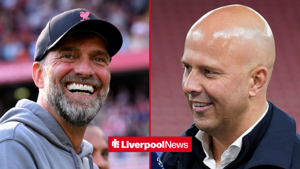Former Liverpool boss Jurgen Klopp alongside Arne Slot