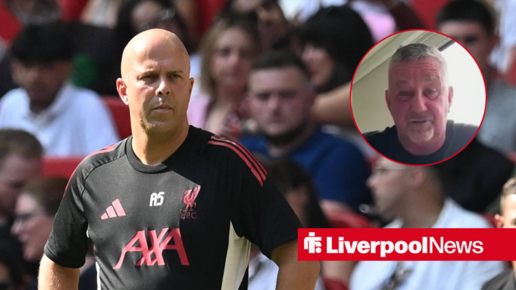 Liverpool coach Arne Slot looking focused ahead and John Aldridge in circular inset