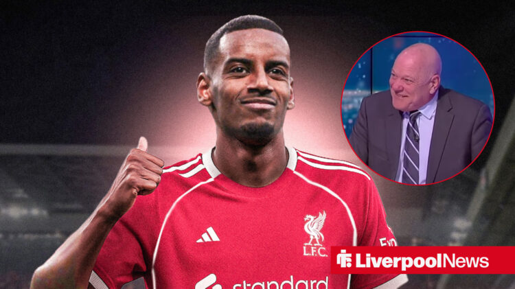 Alexander Isak in a Liverpool shirt, Andy Gray in a circle.