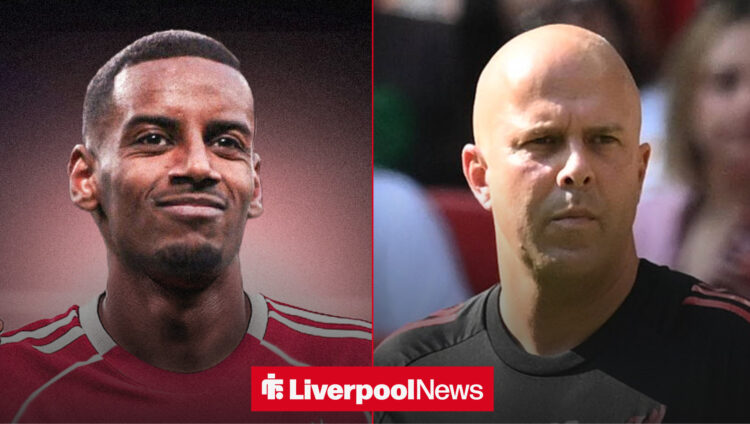 An image of Alexander Isak in a Liverpool kit next to an image of Arne Slot during the Community Shield defeat to Crystal Palace.