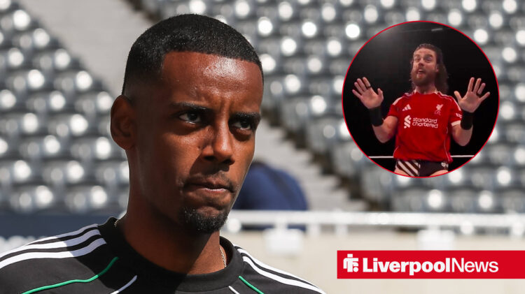 Newcastle star Alexander Isak and WWE wrestler JD McDonagh in a Liverpool shirt.