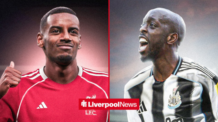 An image of Alexander Isak in a Liverpool kit, next to an image of Yoane Wissa in a Newcastle kit