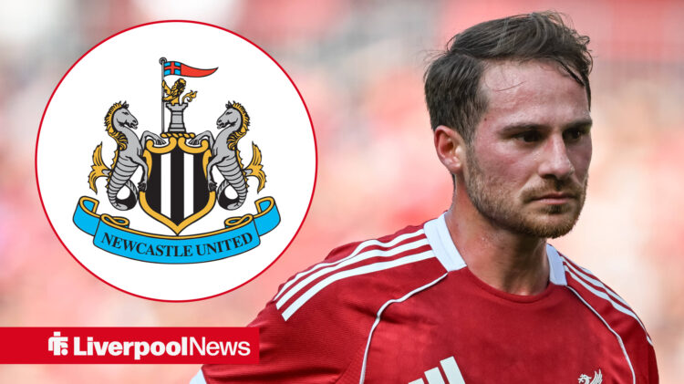 An image of Alexis Mac Allister playing for Liverpool, next to a circular inset with a Newcastle United badge