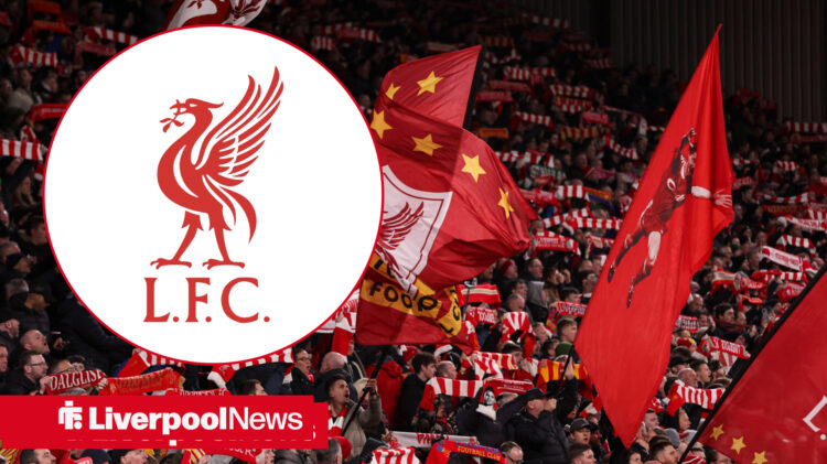 Liverpool fans at Anfield, with Liverpool badge in circular frame inset