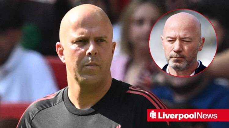 Liverpool manager Arne Slot looking angry, with Alan Shearer in the background.