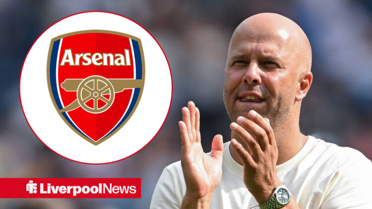 An image of Arne Slot applauding the Liverpool fans, with a circular inset of the Arsenal badge next to him.
