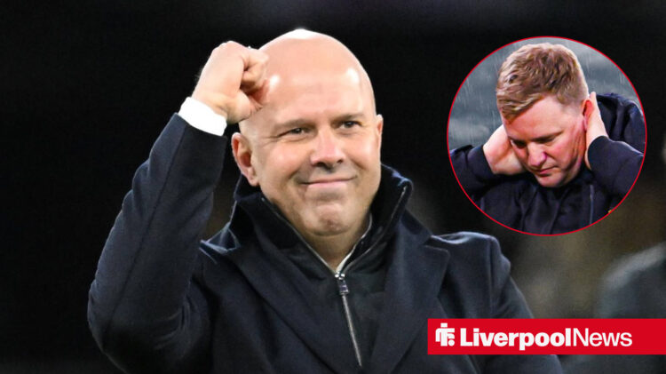 Liverpool boss Arne Slot celebrating and Eddie Howe looking sad.