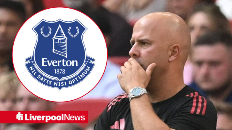 Arne Slot with the Everton badge inset.
