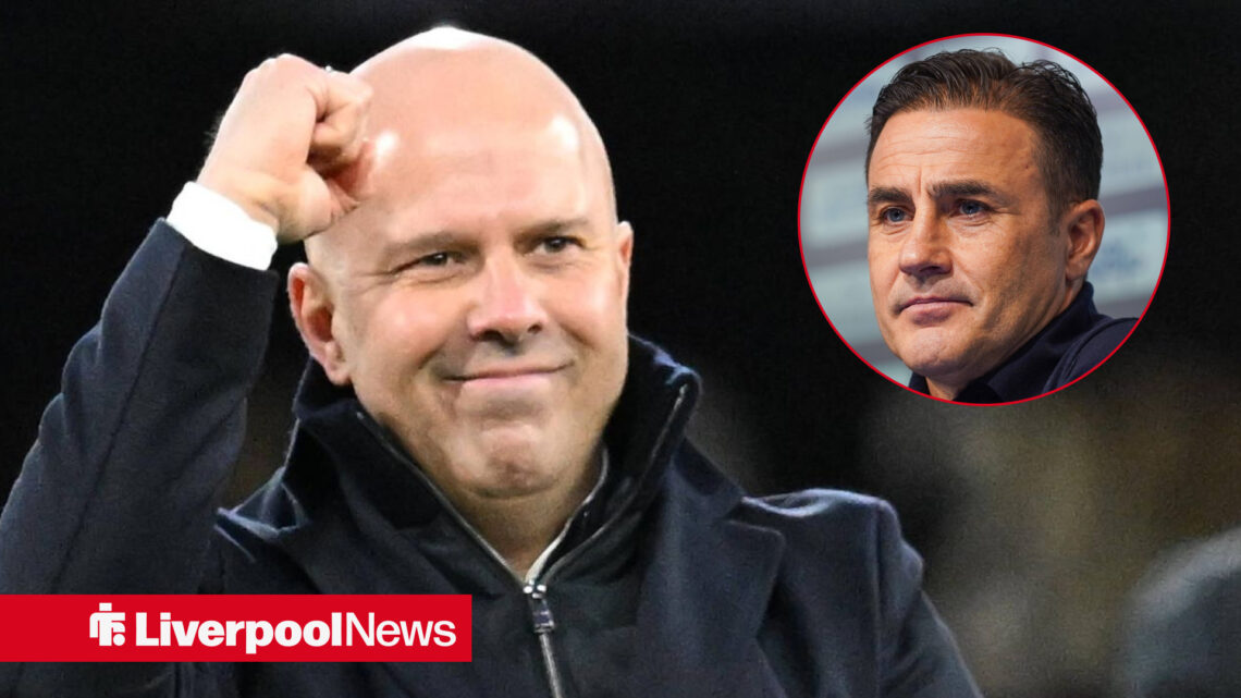 Liverpool manager Arne Slot punches the air as Fabio Cannavaro watches on.