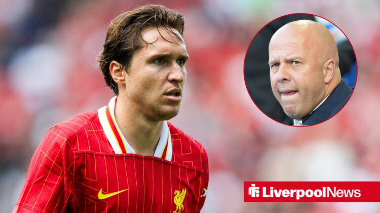 Liverpool star Federico Chiesa and Arne Slot looking confused.