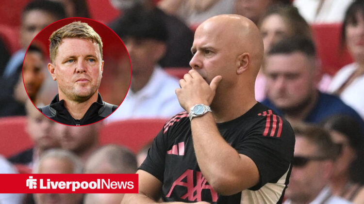 Liverpool manager Arne Slot looking confused, Newcastle boss Eddie Howe in the circle.