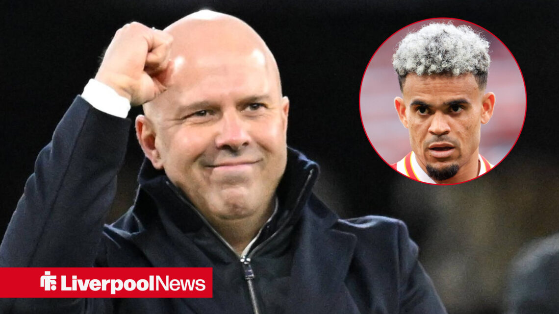 Liverpool manager Arne slot punches the air as former Reds winger Luis Diaz glances over with a worried expression.
