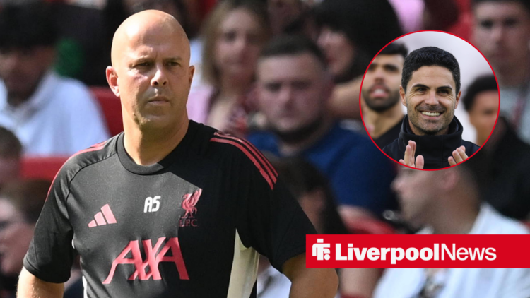 An image of Arne Slot managing Liverpool, next to a circular inset of Mikel Arteta smiling
