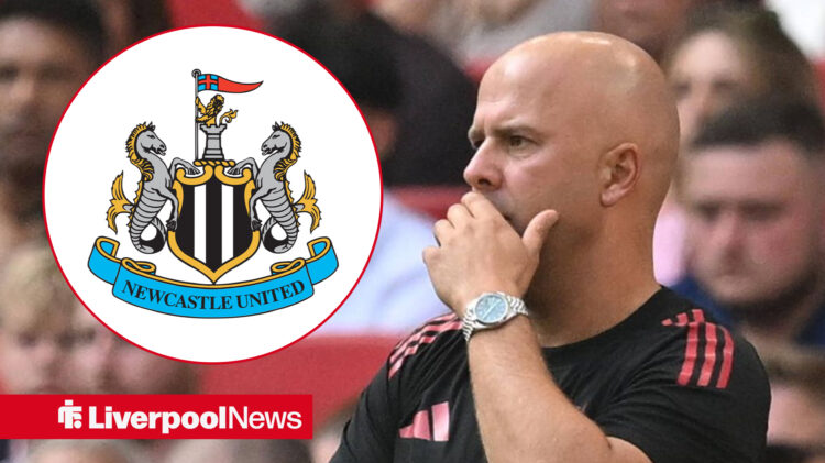 An image of Arne Slot thinking on the touchline next to a circular inset of a Newcastle United badge.