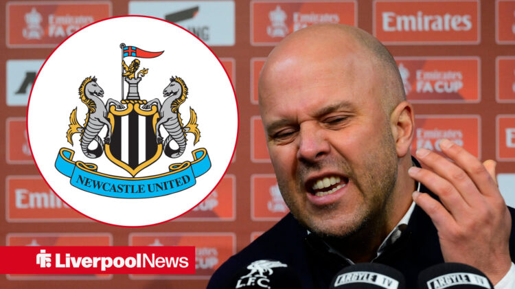 An image of Arne Slot annoyed in a press conference next to a circular inset of a Newcastle United badge.
