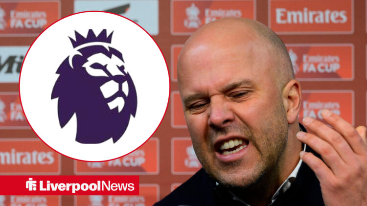 Liverpool boss Arne Slot looking furious and the Premier League badge.