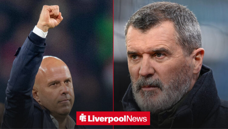 Arne Slot celebrates in half and half image alongside a moody Roy Keane