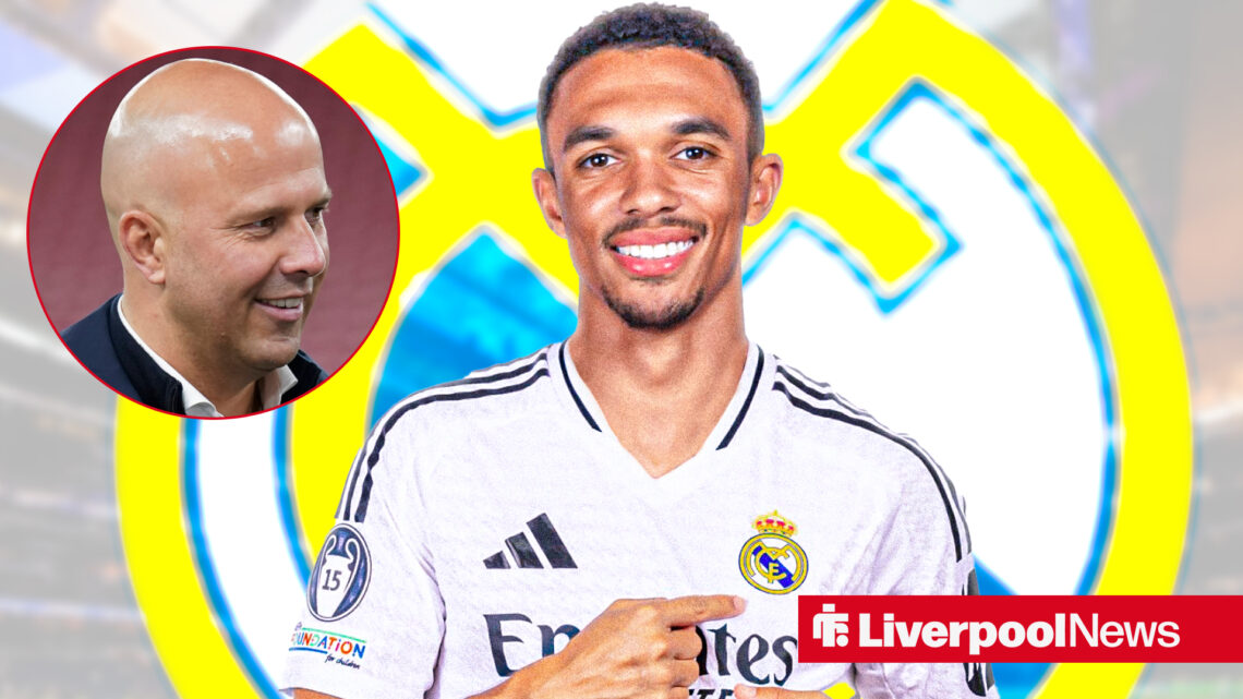 Liverpool boss Arne Slot smiling and Trent Alexander-Arnold in a Real Madrid shirt.