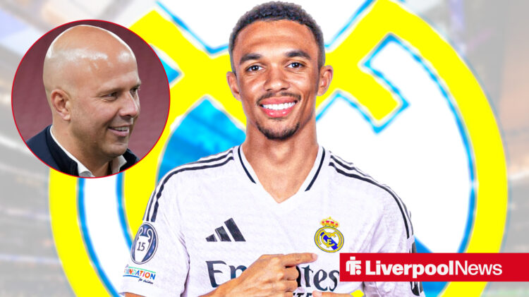 Liverpool boss Arne Slot smiling and Trent Alexander-Arnold in a Real Madrid shirt.