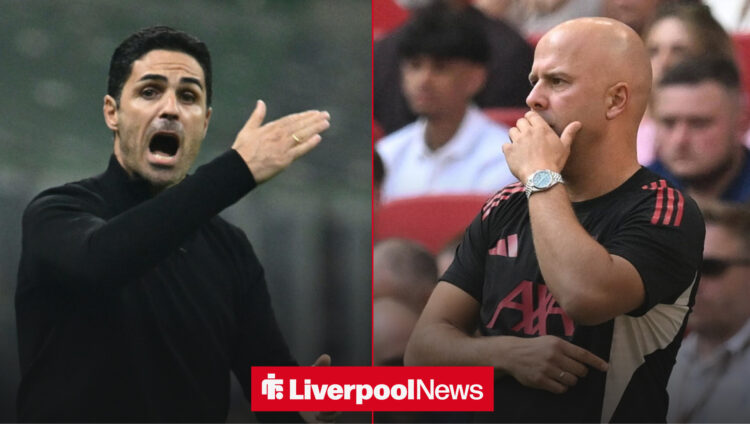 Mikel Arteta looking angry alongside Arne Slot.