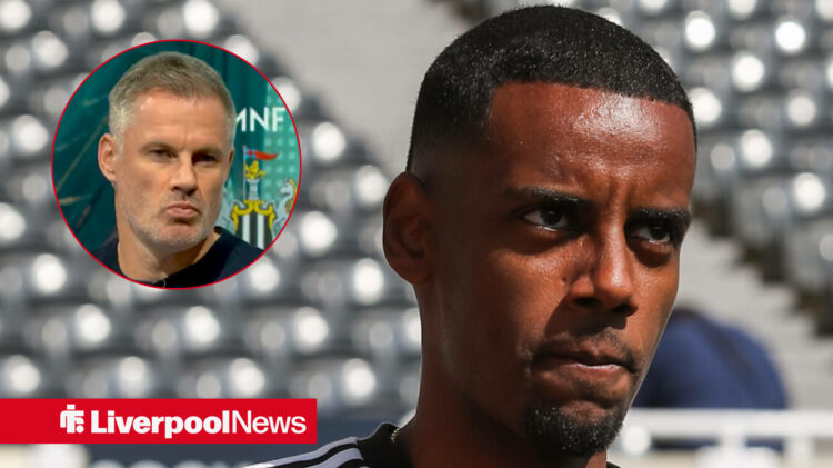 Jamie Carragher in the Sky Sports studio in a circular inset, Alexander Isak at St James' Park.